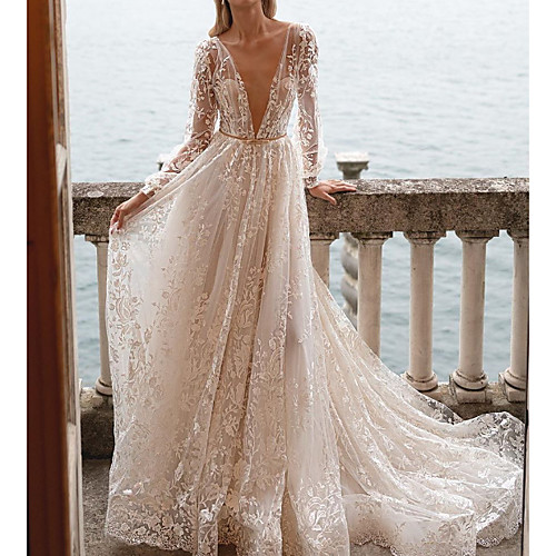 

A-Line Wedding Dresses Plunging Neck Sweep / Brush Train Lace Tulle Polyester Long Sleeve Country Plus Size with Embroidery 2020