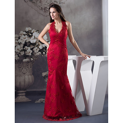 

Mermaid / Trumpet Halter Neck Floor Length Lace / Tulle Beautiful Back / Sexy Engagement / Formal Evening Dress with Beading 2020