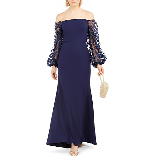 

Sheath / Column Off Shoulder Floor Length Chiffon / Lace / Satin Long Sleeve Elegant Mother of the Bride Dress with Appliques Mother's Day 2020