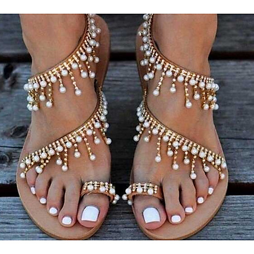 

Women's Sandals Summer Flat Heel Open Toe Boho Daily Beach PU Gold