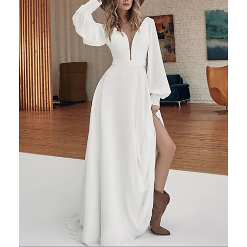 

A-Line V Neck Sweep / Brush Train / Floor Length Stretch Satin Long Sleeve Country Plus Size Wedding Dresses with Split Front 2020