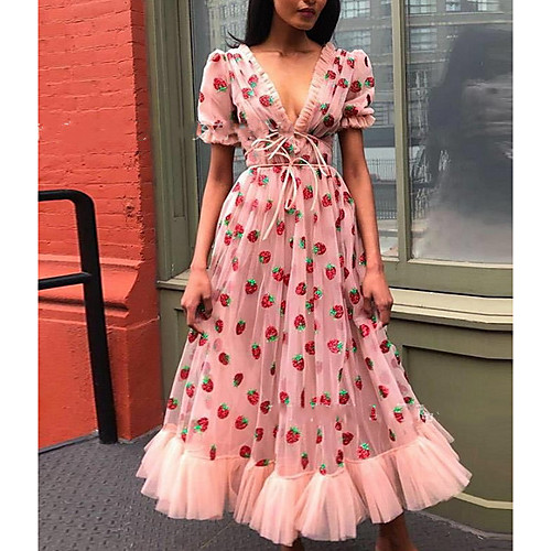 

Women's Maxi Shirt Dress - Short Sleeves Print V Neck Blushing Pink S M L XL