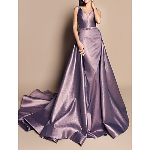 

A-Line V Neck Chapel Train Satin Luxurious / Purple Engagement / Formal Evening Dress with Sash / Ribbon / Overskirt 2020