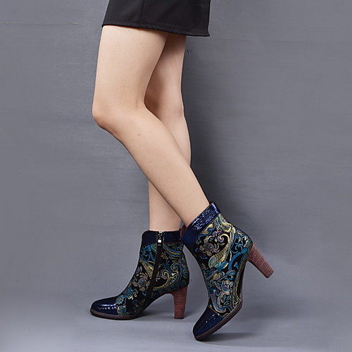 

Women's Boots Chunky Heel Round Toe Leather Mid-Calf Boots Winter Blue