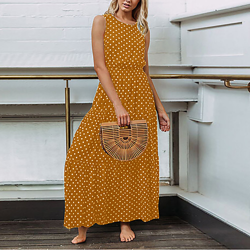 

Women's Yellow Black Dress Boho Street chic Going out Beach Sheath Polka Dot Pleated Basic S M