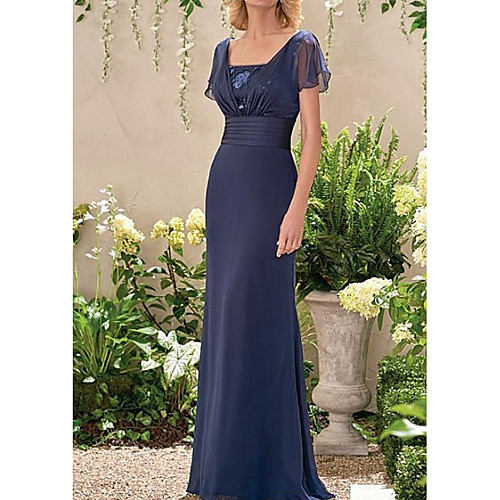 

Sheath / Column Mother of the Bride Dress Elegant Scoop Neck Floor Length Chiffon Lace Short Sleeve with Beading Pattern / Print Ruching 2020