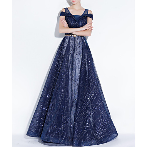 

A-Line Spaghetti Strap Floor Length Polyester Elegant / Blue Engagement / Formal Evening Dress with Sash / Ribbon / Sequin 2020