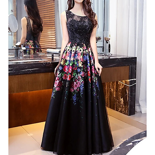 

Ball Gown Illusion Neck Floor Length Chiffon / Lace Floral / Black Engagement / Formal Evening Dress with Lace Insert / Pattern / Print 2020