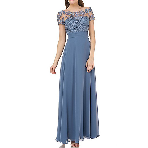 

A-Line Illusion Neck Floor Length Chiffon Short Sleeve Elegant Mother of the Bride Dress with Appliques Mother's Day 2020