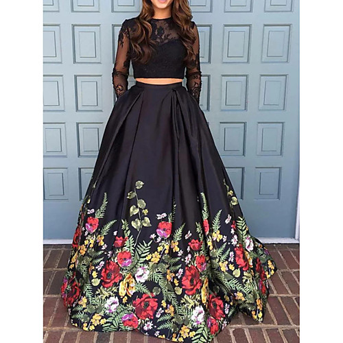 

Two Piece Beautiful Back Floral Engagement Formal Evening Dress Jewel Neck Long Sleeve Sweep / Brush Train Polyester with Pleats Pattern / Print 2020 / Illusion Sleeve