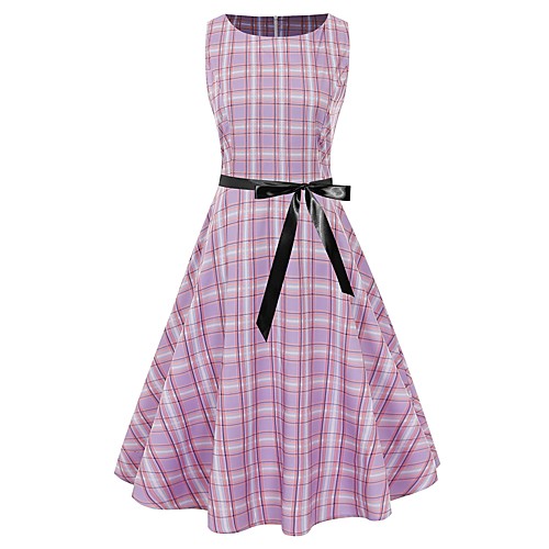 

Women's Lavender Dress Vintage Style Party Daily A Line Sheath Plaid Bow Print S M