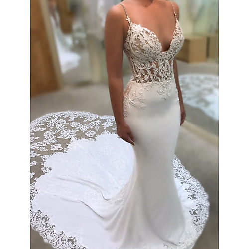 

Mermaid / Trumpet V Neck / Spaghetti Strap Sweep / Brush Train Polyester / Lace Sleeveless Country Plus Size Wedding Dresses with Embroidery / Appliques 2020