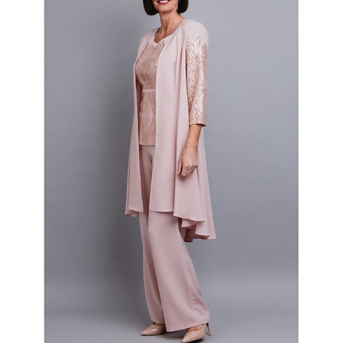 

Pantsuit / Jumpsuit Jewel Neck Floor Length Chiffon 3/4 Length Sleeve Elegant Mother of the Bride Dress with Sequin Mother's Day 2020
