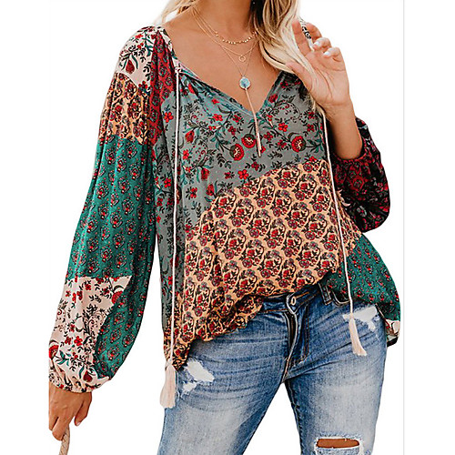 

Women's Daily Shirt - Geometric Lace up / Patchwork / Print V Neck Purple