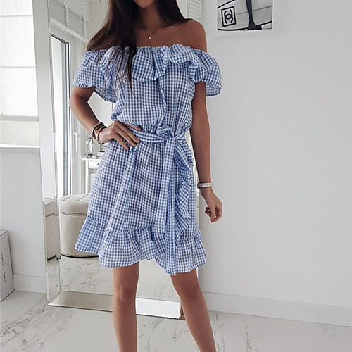 

Women's Red Blue Dress Basic Spring & Summer Party Weekend A Line Solid Color Lantern Sleeve Ruffle Patchwork Print S M
