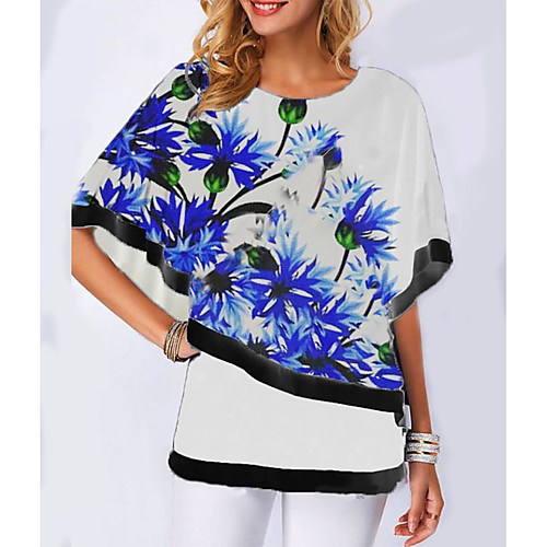 

Women's Daily Casual Blouse - Floral Print / Asymetric Hem White