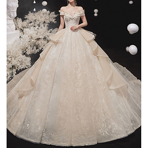 

Ball Gown Off Shoulder Watteau Train Lace / Tulle Short Sleeve Formal Wedding Dress in Color Wedding Dresses with Cascading Ruffles 2020