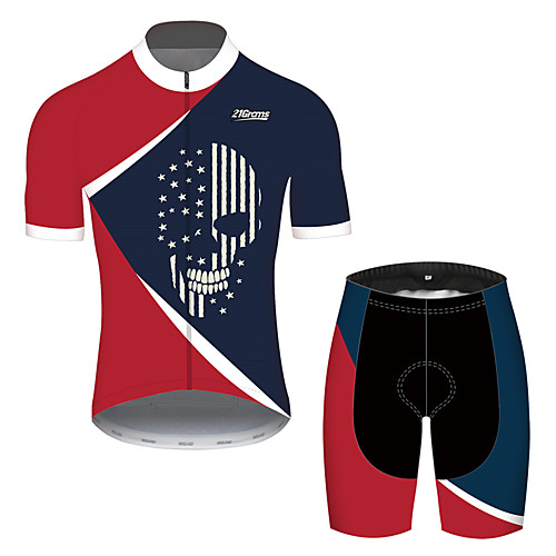 

21Grams Men's Short Sleeve Cycling Jersey with Shorts RedBlue Skull American / USA National Flag Bike Clothing Suit UV Resistant Breathable Quick Dry Sweat-wicking Sports Skull Mountain Bike MTB