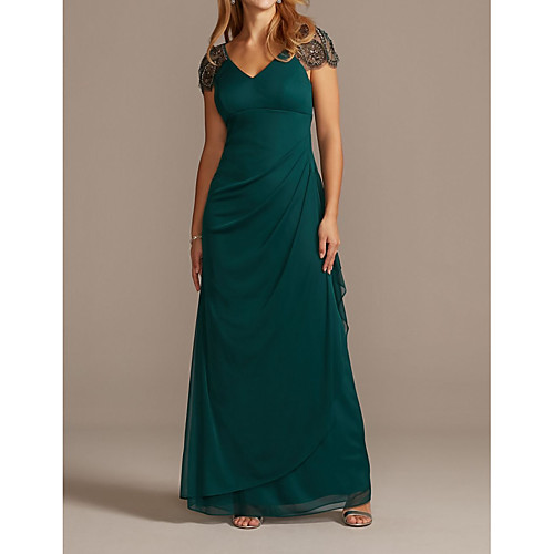

A-Line V Neck Floor Length Chiffon Short Sleeve Sexy Mother of the Bride Dress with Pleats / Beading Mother's Day 2020