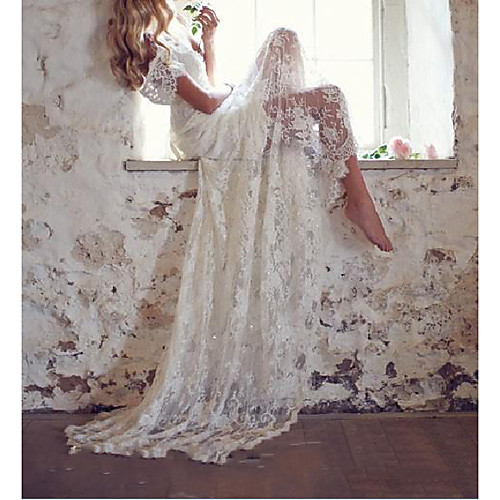 

Mermaid / Trumpet Wedding Dresses V Neck Court Train Lace Taffeta Stretch Satin Short Sleeve Country Plus Size with Lace Bow(s) 2020
