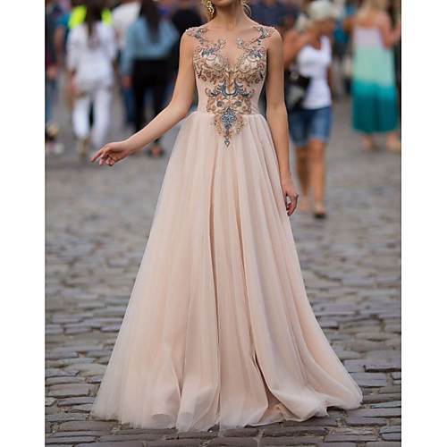 

A-Line Illusion Neck Floor Length Polyester Luxurious / Sexy Engagement / Formal Evening Dress with Appliques 2020