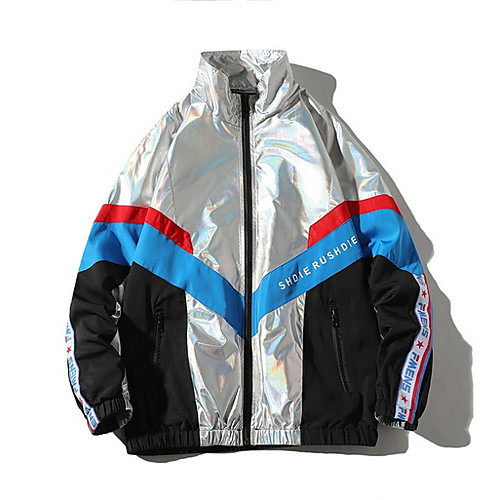 

Men's Daily Long Jacket, Color Block Hooded Long Sleeve Polyester Silver