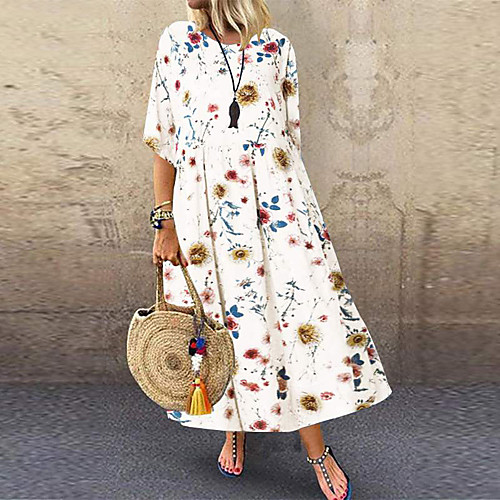 

Women's Shirt Dress - 3/4 Length Sleeve Print White Black Yellow M L XL XXL XXXL XXXXL XXXXXL / Cotton