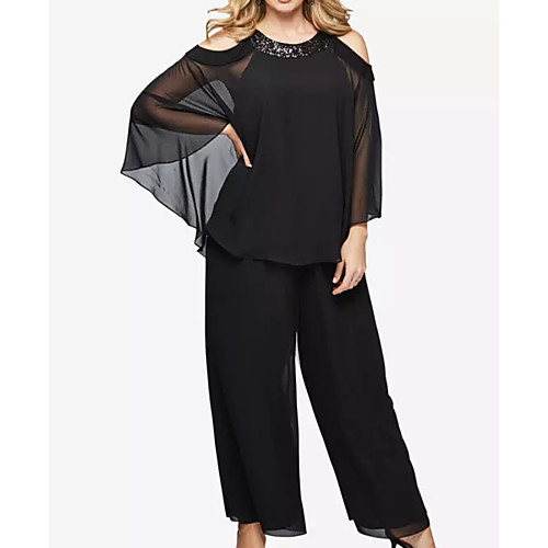 

Pantsuit / Jumpsuit Jewel Neck Floor Length Chiffon Long Sleeve Elegant Mother of the Bride Dress with Sequin Mother's Day 2020