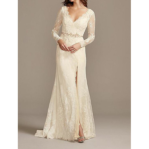 

A-Line V Neck Floor Length Lace / Satin Long Sleeve Country Plus Size Wedding Dresses with Lace / Sashes / Ribbons / Embroidery 2020