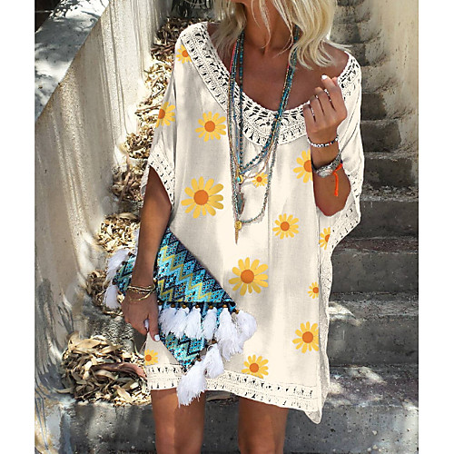 

Women's A Line Dress - Short Sleeves Floral White Black S M L XL XXL
