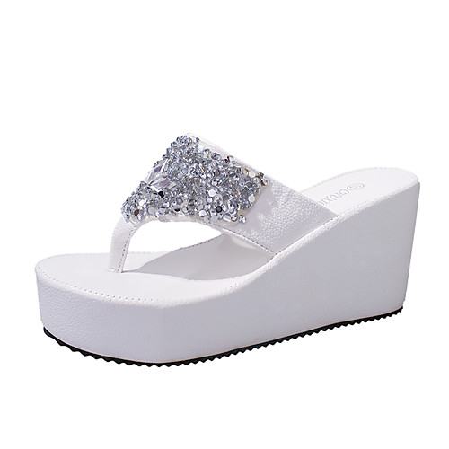 

Women's Slippers & Flip-Flops 2020 Wedge Heel Open Toe Rhinestone Faux Leather Casual Summer Fuchsia / Pink / White