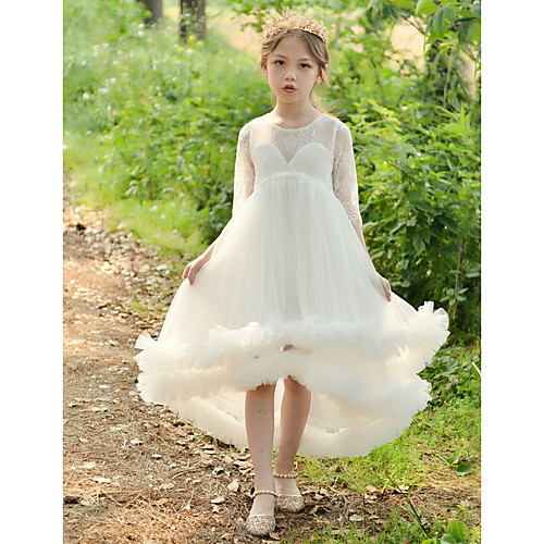 

Ball Gown Asymmetrical Event / Party / Birthday Flower Girl Dresses - POLY 3/4 Length Sleeve Jewel Neck with Lace