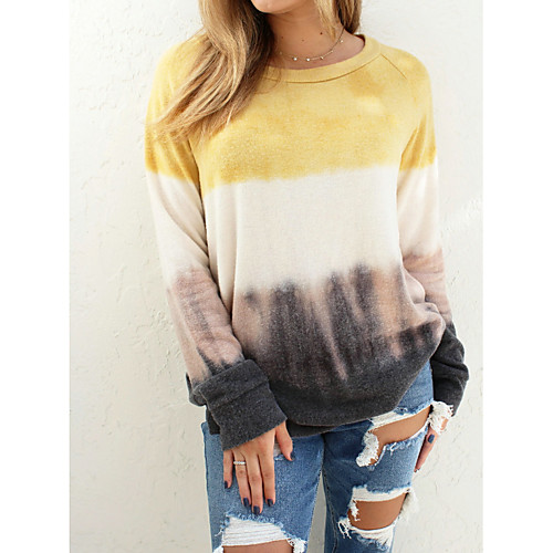 

Women's Daily T-shirt - Color Block Patchwork / Print Yellow