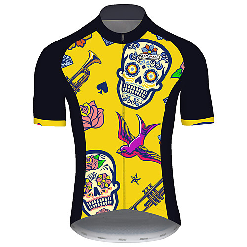 

21Grams Men's Short Sleeve Cycling Jersey Black / Yellow Skull Floral Botanical Bird Bike Jersey Top Mountain Bike MTB Road Bike Cycling UV Resistant Breathable Quick Dry Sports Clothing Apparel