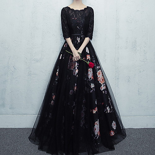 

Ball Gown Scalloped Neckline Floor Length Polyester Floral / Black Quinceanera / Prom Dress with Pattern / Print 2020