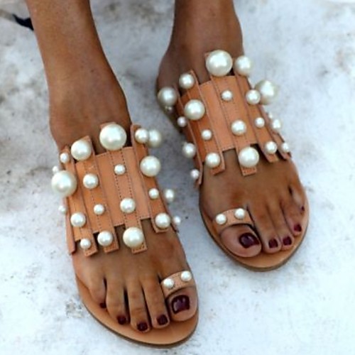 

Women's Sandals Flat Heel Open Toe PU Summer Brown