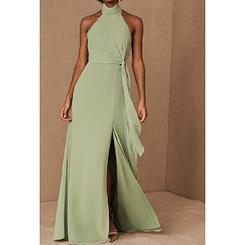 

A-Line Halter Neck Floor Length Chiffon / Shantung Bridesmaid Dress with Ruching / Open Back