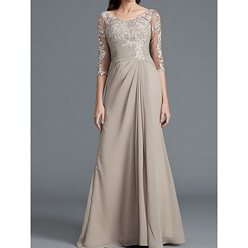 

A-Line Scoop Neck Floor Length Chiffon / Lace 3/4 Length Sleeve Elegant Mother of the Bride Dress with Lace / Pleats / Appliques Mother's Day 2020