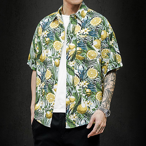 

Men's Daily Holiday Boho / Tropical Shirt - Striped / Geometric / Scenery Tropical Leaf, Print Yellow