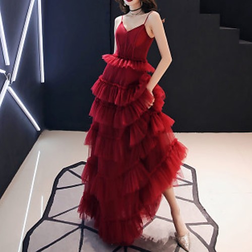

A-Line Spaghetti Strap Floor Length Polyester Minimalist / Red Wedding Guest / Prom Dress with Tier 2020