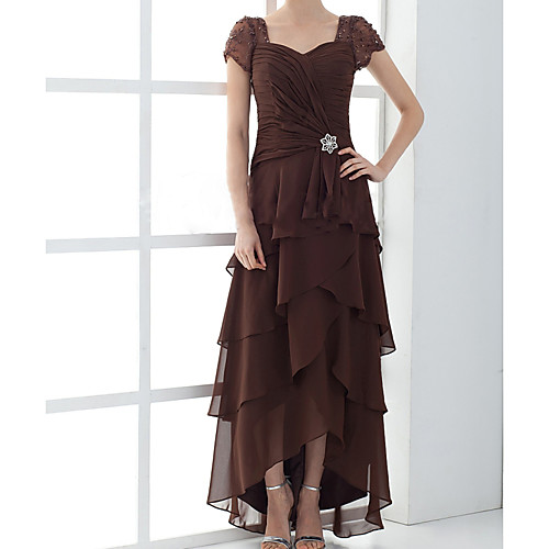 

A-Line Square Neck Floor Length Chiffon Short Sleeve Elegant Mother of the Bride Dress with Cascading Ruffles / Ruching Mother's Day 2020