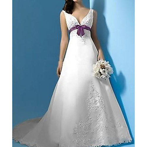 

A-Line Plunging Neck Sweep / Brush Train Polyester Sleeveless Country Plus Size Wedding Dresses with Sashes / Ribbons / Lace Insert 2020