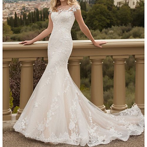 

Mermaid / Trumpet Jewel Neck Sweep / Brush Train Lace / Tulle Short Sleeve Country Plus Size Wedding Dresses with Lace / Embroidery 2020