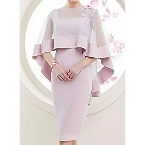 

Sheath / Column Square Neck Knee Length Satin / Tulle 3/4 Length Sleeve Elegant Mother of the Bride Dress with Appliques Mother's Day 2020