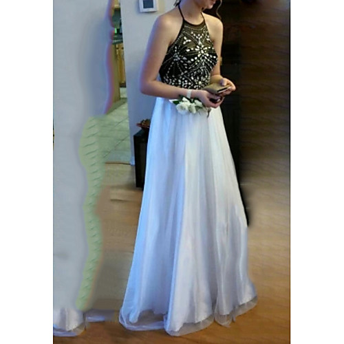 

A-Line Halter Neck Floor Length Chiffon / Lace Color Block / Black Engagement / Formal Evening Dress with Beading / Sequin 2020