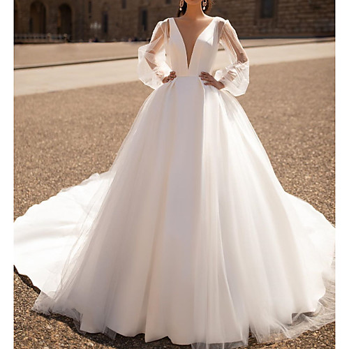 

A-Line Plunging Neck Court Train Tulle / Chiffon Over Satin Long Sleeve Formal Plus Size / Illusion Sleeve Wedding Dresses with Draping 2020