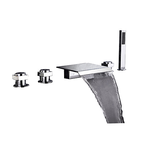 

Bathtub Faucet - Contemporary Chrome or Black 5 PCS Roman Tub Brass Faucet Hot and Cold Mixed Valve Deck Mounted Bath Shower Mixer Taps with Handshower