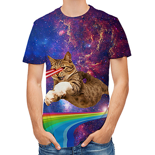 

Men's Daily Club Rock / Street chic T-shirt - Color Block / 3D / Animal Cat / Fantastic Beasts, Print Rainbow