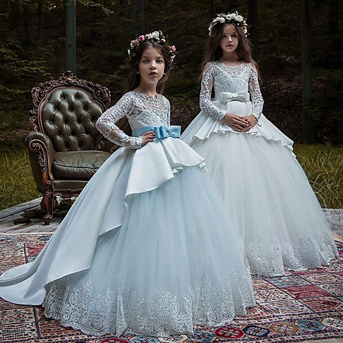 

Ball Gown Court Train Party / Birthday Flower Girl Dresses - POLY Long Sleeve Jewel Neck with Lace / Bow(s) / Appliques