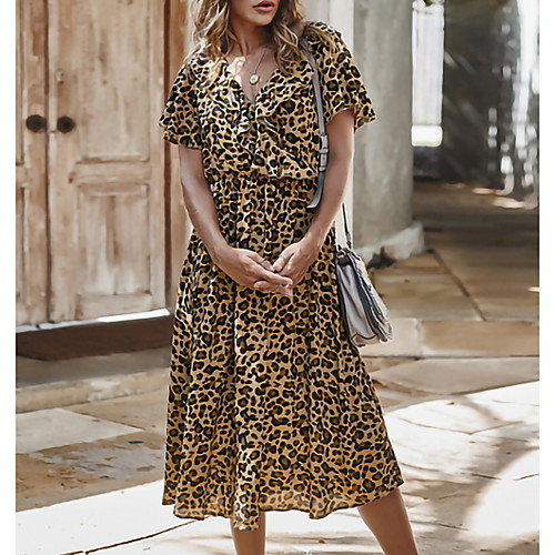 

Women's Khaki Dress Swing Leopard V Neck S M